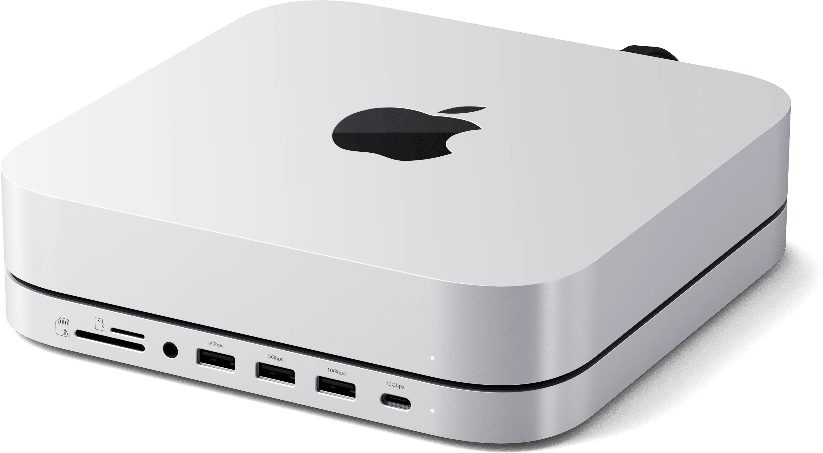Ein weißes Apple-Gerät mit schwarzem Logo oben und Anschlüssen unten, vor schwarzem Hintergrund.