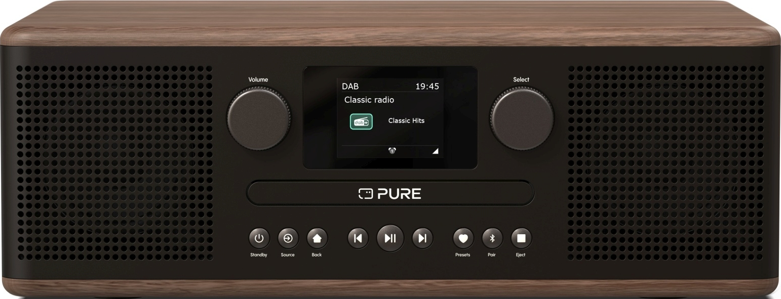 Une radio marron foncé et noire avec des boutons, un écran et deux boutons de volume.