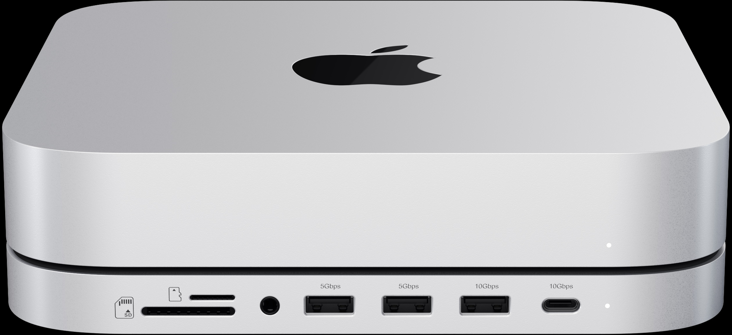 Silberner Mac Mini-Computer mit dem Apple-Logo. Er hat mehrere Anschlüsse auf der Rückseite.