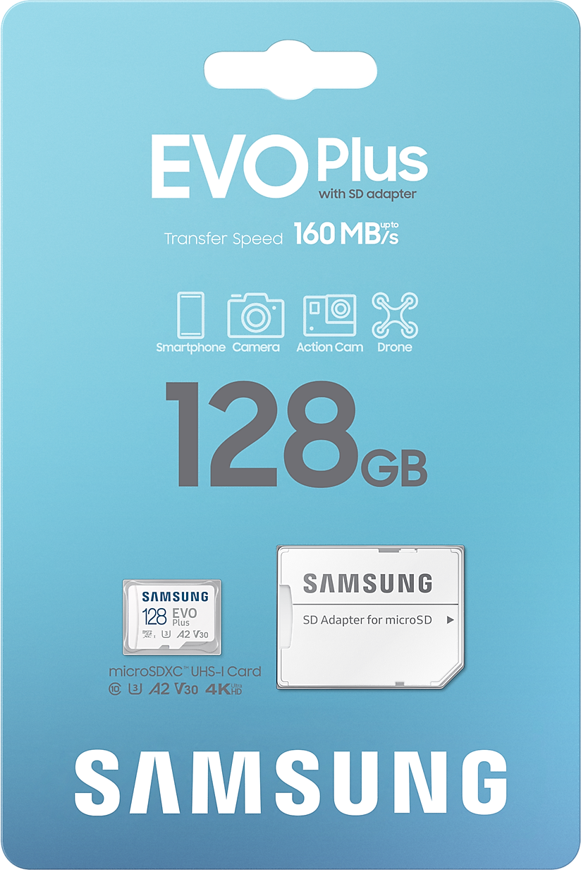Egy Samsung SD kártyacsomag kártyával és adapterrel. A csomag kék és fehér.