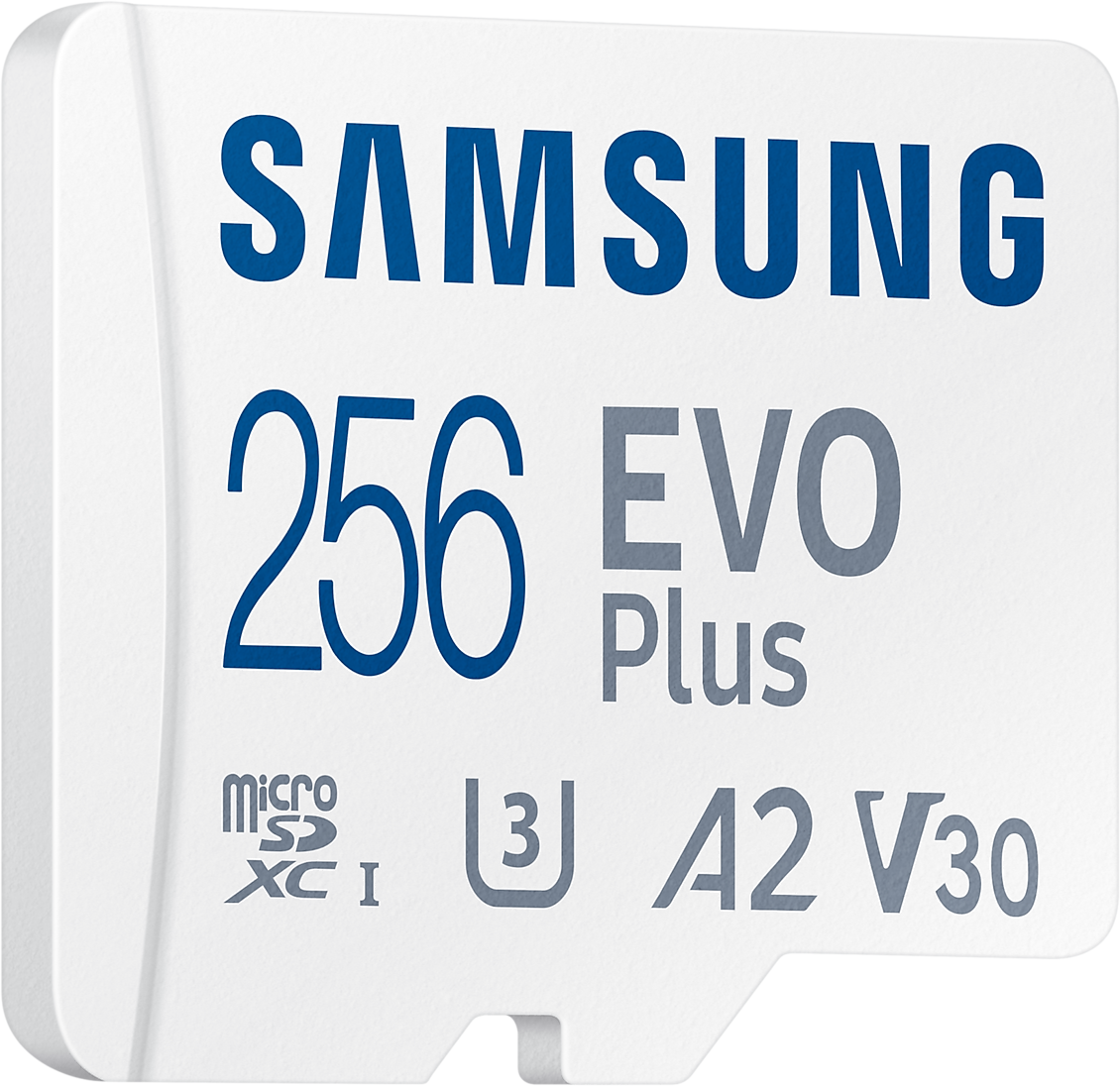 Fehér Samsung 256 EVO Plus microSD kártya. Szöveg: micro SDXC I, U3, A2, V30.