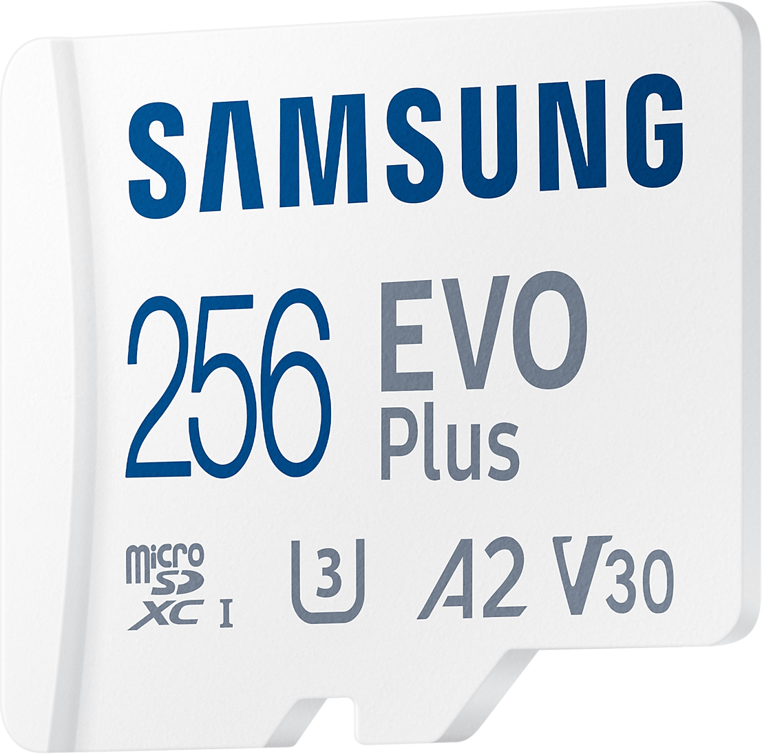 Fehér Samsung MicroSD kártya kék szöveggel. 256 EVO Plus, Micro SDXC I, U3, A2, V30.