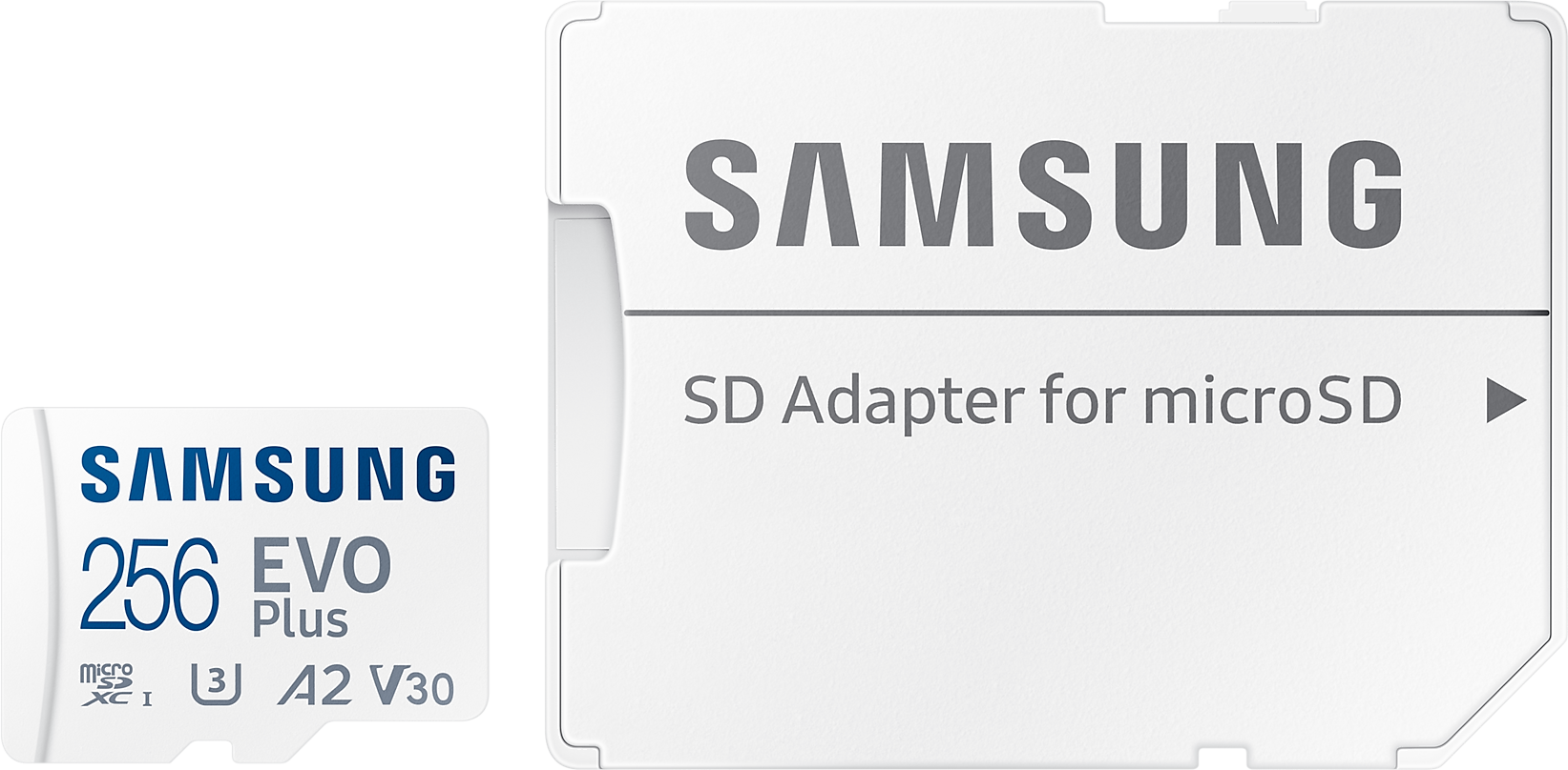 Samsung SD kártya és adapter. A kártya 256 GB-ot olvas. Az adapteren Samsung logó és SD Adapter for microSD felirat van.