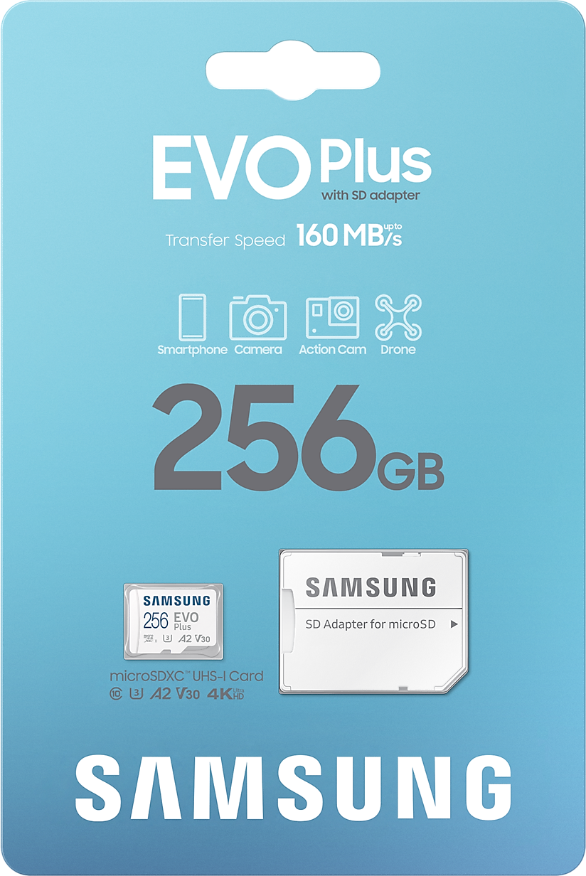 SD kártya kék-fehér csomagolásban. 256 GB tárolókapacitással rendelkezik.