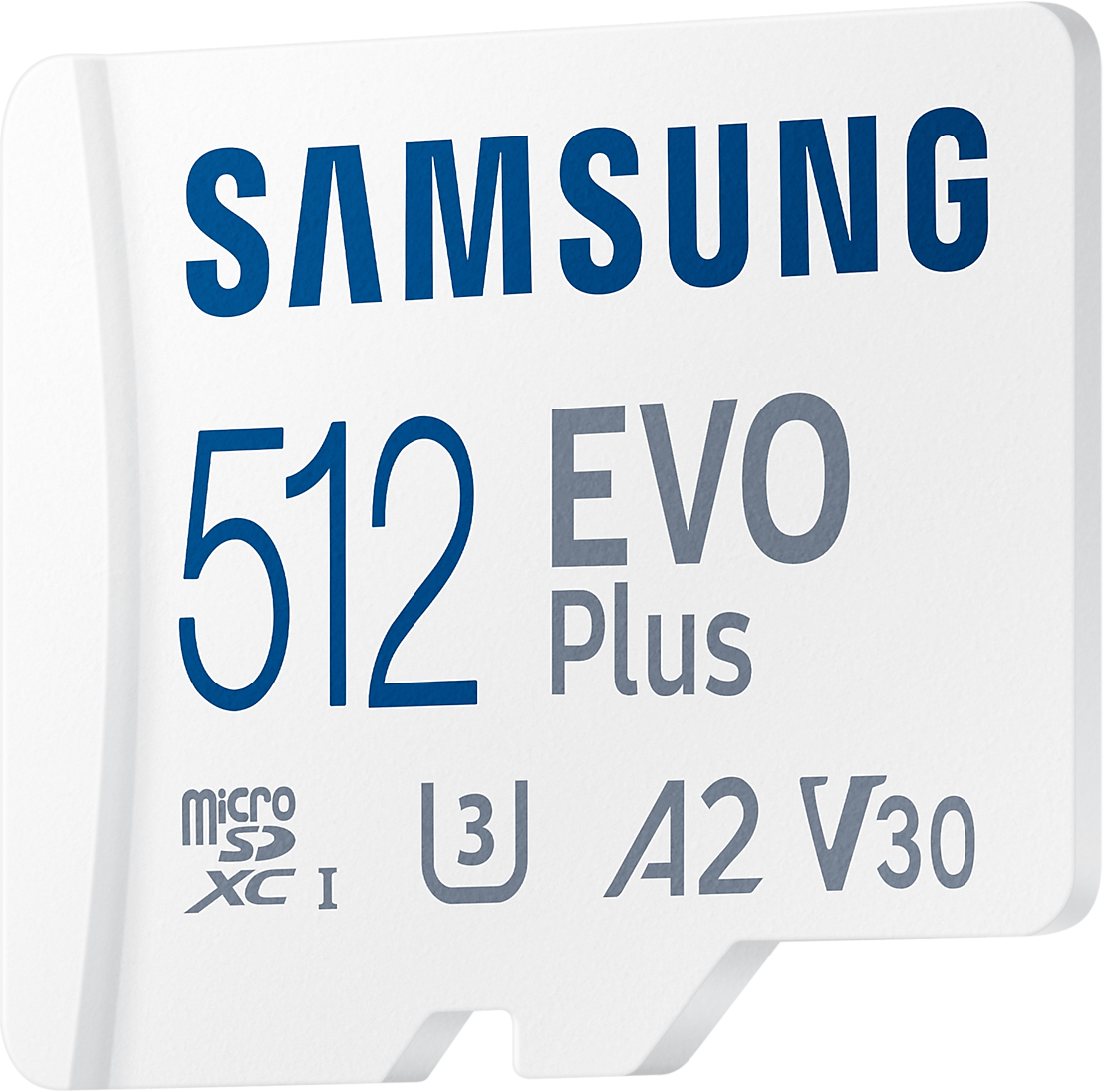 Egy fehér Samsung Micro SD kártya 512-vel, Evo Plus-szal és egyéb részletekkel.
