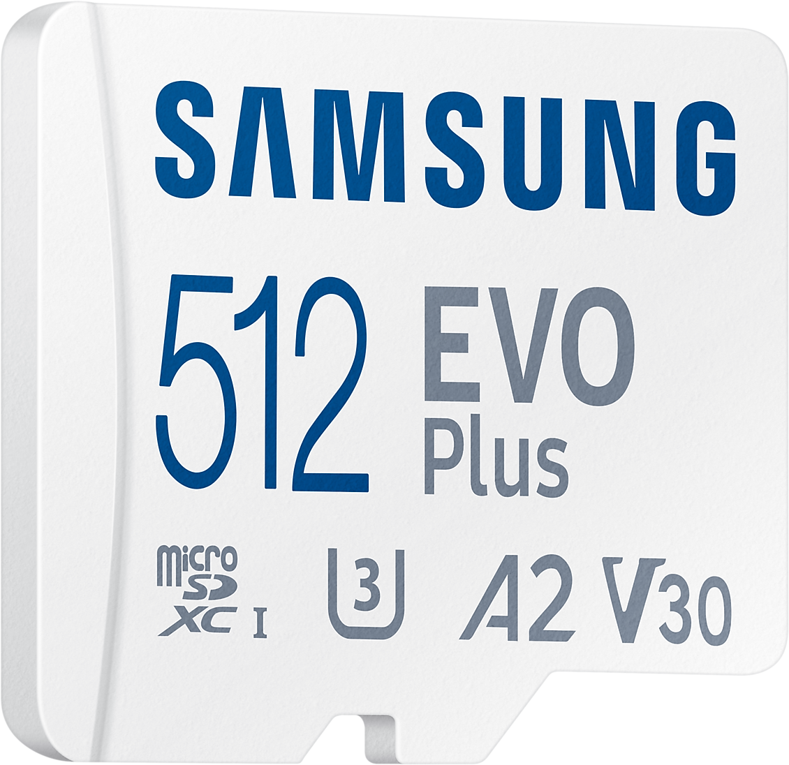 Fehér Samsung MicroSD kártya kék és szürke szöveggel és logókkal.