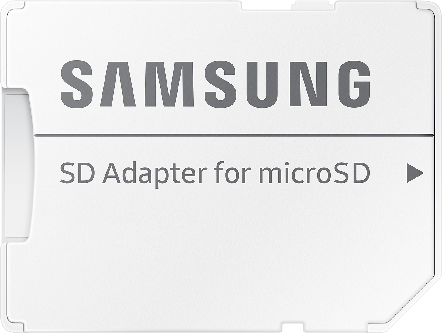 Fehér Samsung SD adapter. Látható a 'SD Adapter for microSD' felirat. A háttér fehér.
