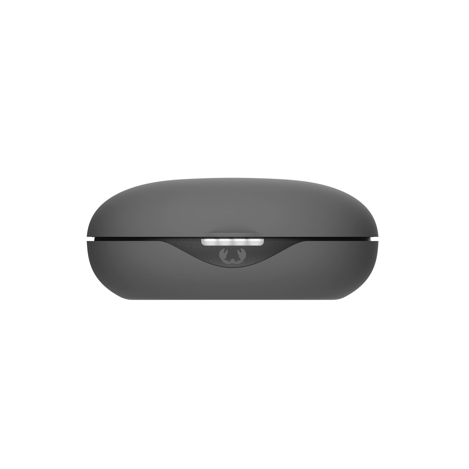 Een donkergrijze, ovaalvormige oplaadcase voor oortelefoons.