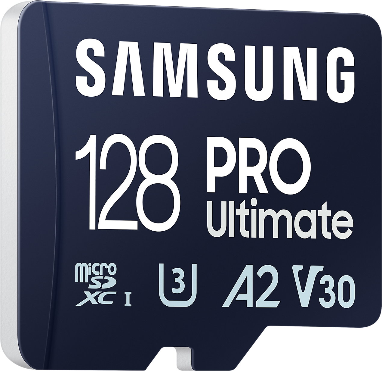 Egy kék-fehér Samsung 128 PRO Ultimate microSD kártya látható közelről.