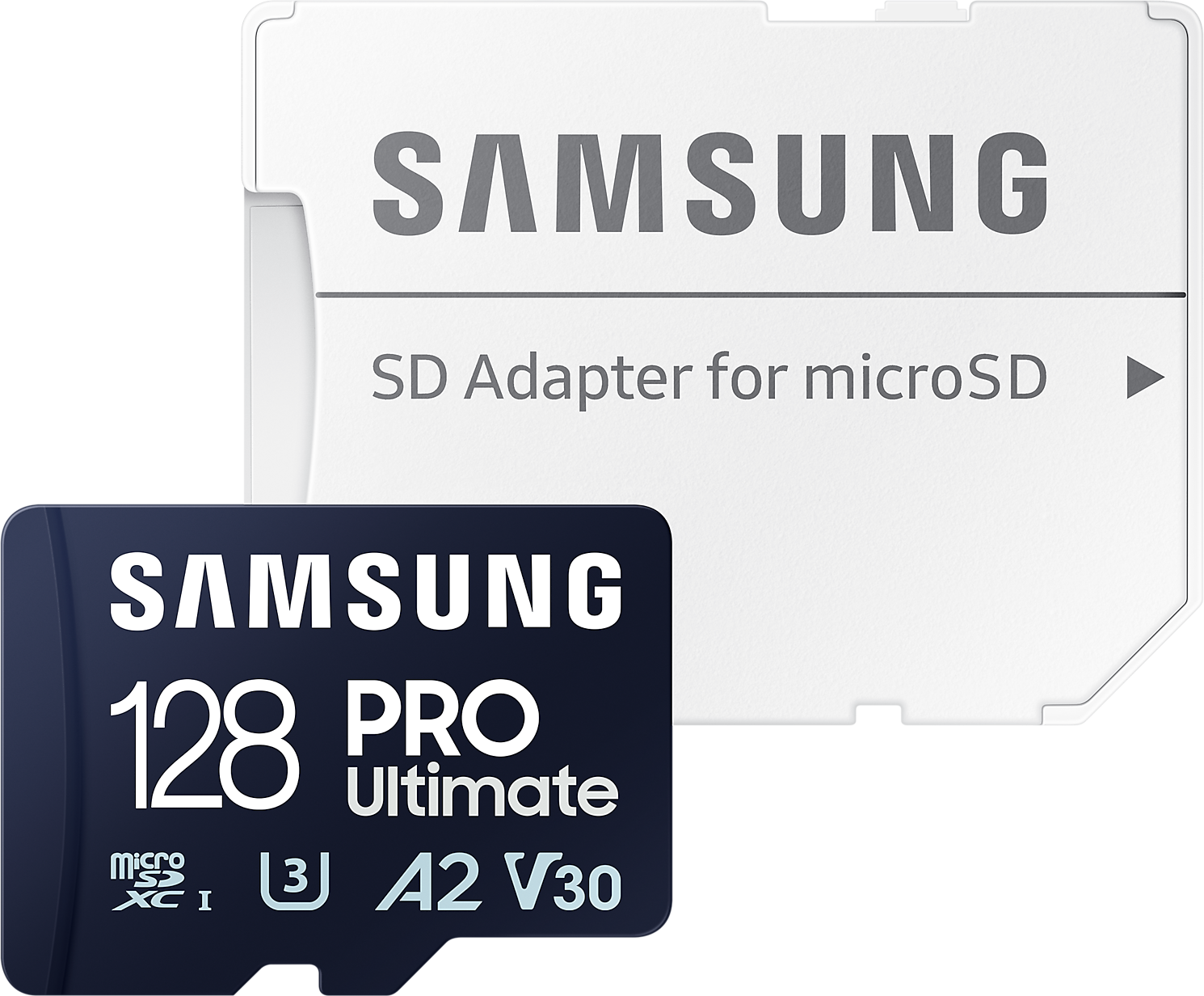 Samsung 128 PRO Ultimate microSD kártya SD adapterrel, fehér háttéren.