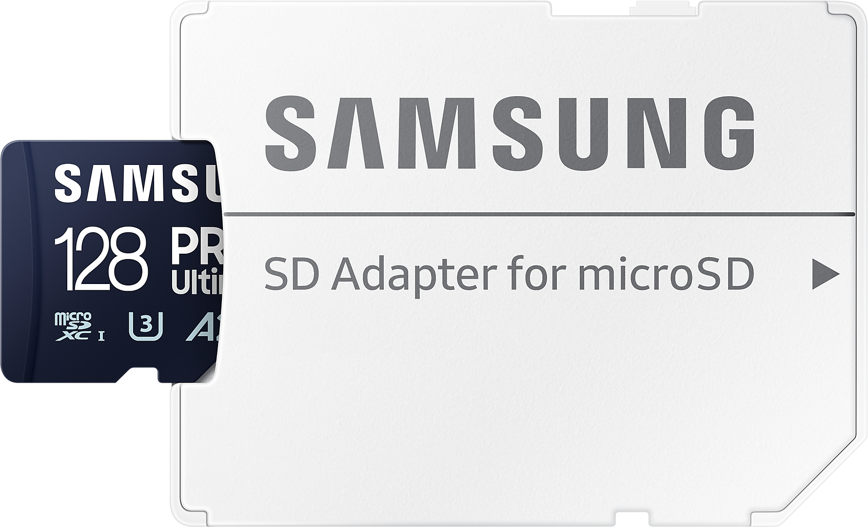 Egy fehér SD adapter egy behelyezett 128 GB-os microSD kártyával, fehér háttéren.