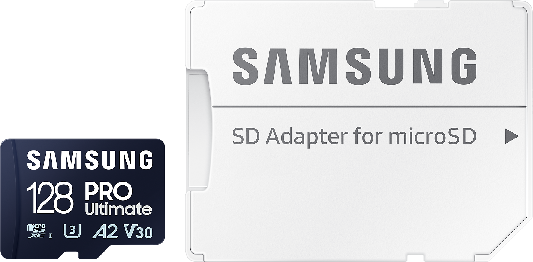 Egy fekete-kék Samsung 128 Pro Ultimate SD-kártya.