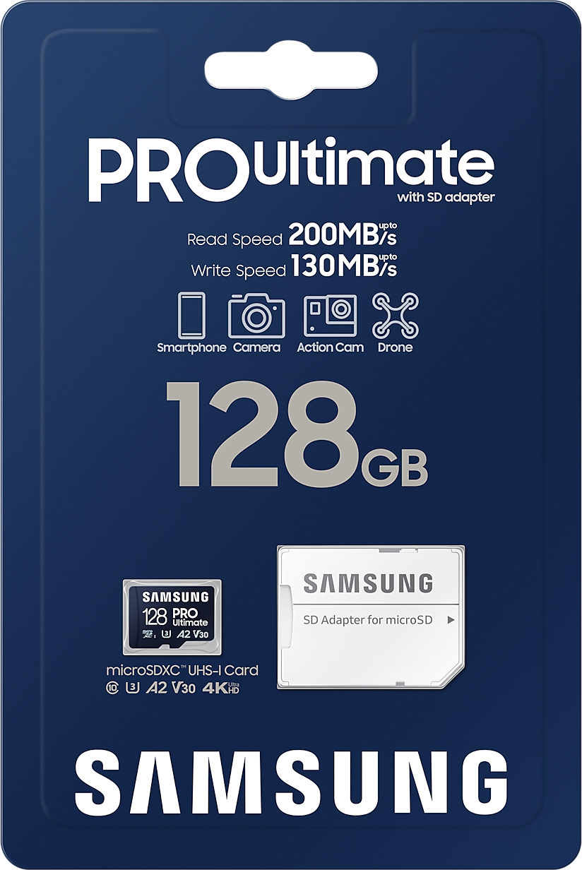 Samsung Pro Ultimate SD kártyacsomag. Kék háttér. Fehér szöveg és grafika.