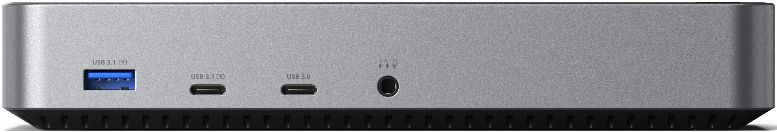 Silberfarbene Dockingstation mit verschiedenen Anschlüssen: USB 3.1, USB-C, USB 3.0 und Kopfhörer/Mikrofon-Anschluss.