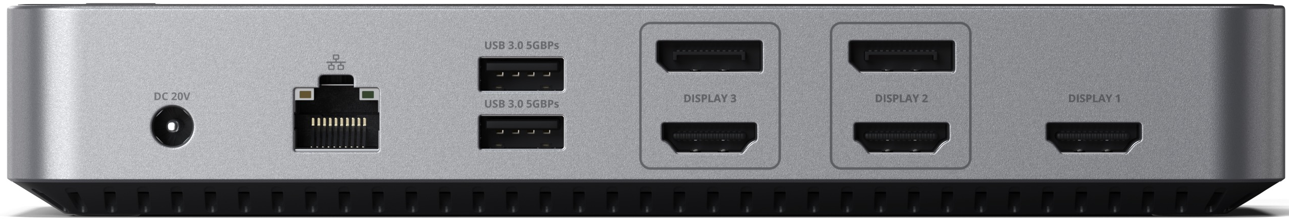 Silberne Dockingstation mit mehreren Anschlüssen. Enthält USB-, HDMI- und Ethernet-Anschlüsse.