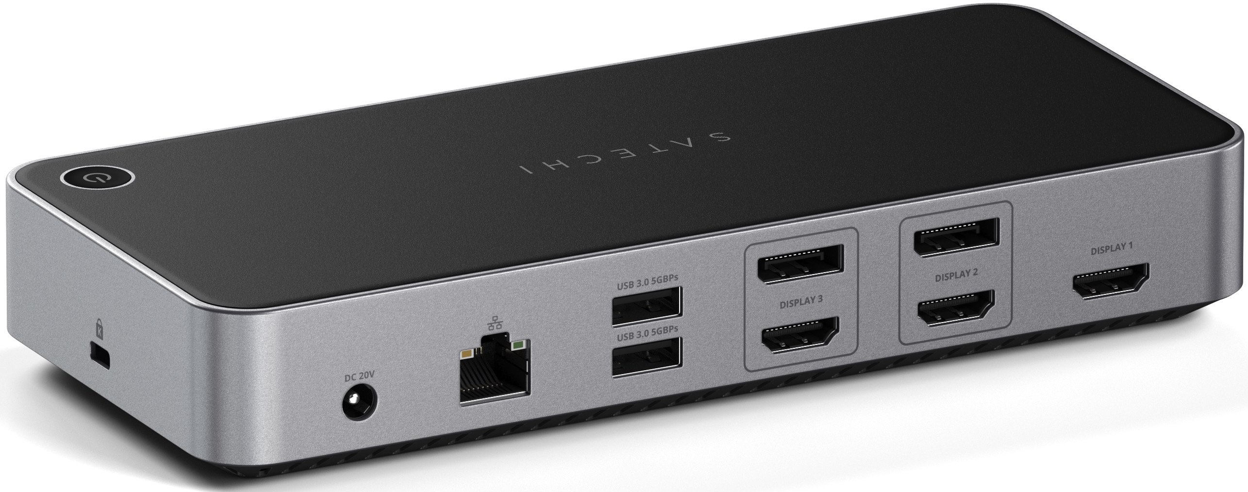 Schwarze Satechi-Dockingstation mit Anschlüssen: USB, HDMI, Ethernet.