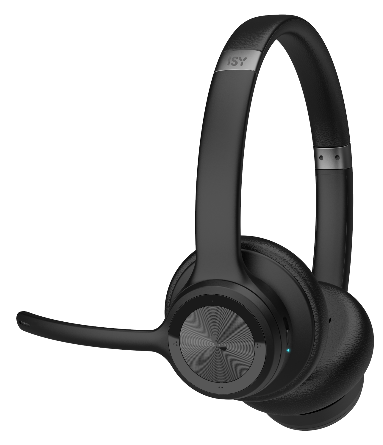 Fekete, vezeték nélküli headset mikrofonnal. Ívelt kialakítású és fémes díszítésekkel rendelkezik, fekete háttér előtt.