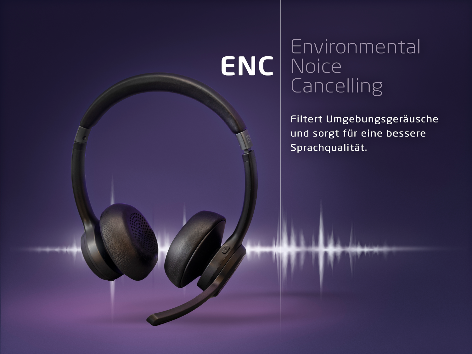 Egy fekete fejhallgató mikrofonnal lila színátmenetes háttéren. Az „ENC” és az „Environmental Noise Cancelling” szavak jelennek meg.