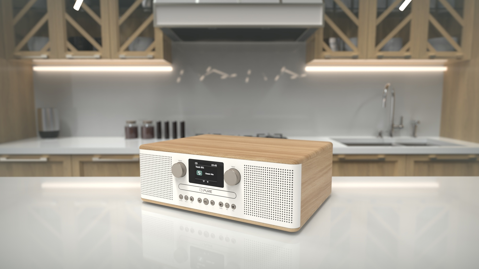 Radio sur une surface blanche dans une cuisine avec des éclairages au plafond.