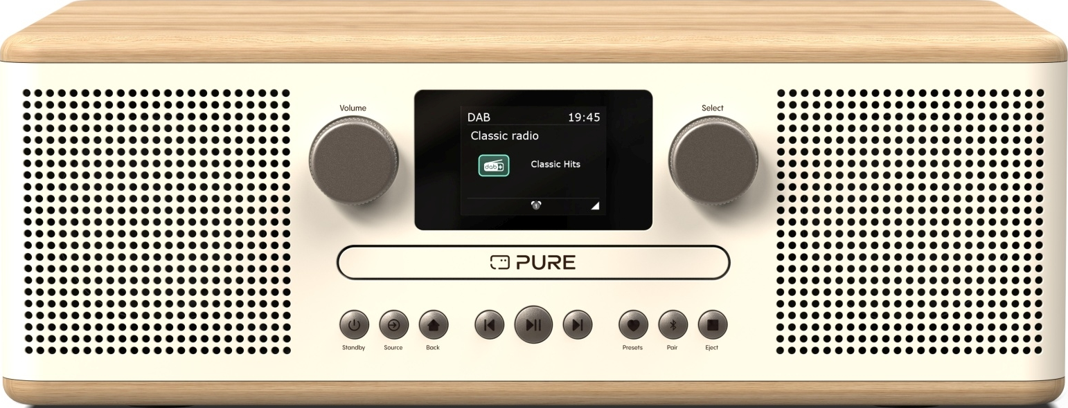 Radio Pure avec boutons et écran affichant l'heure et le nom de la station radio.