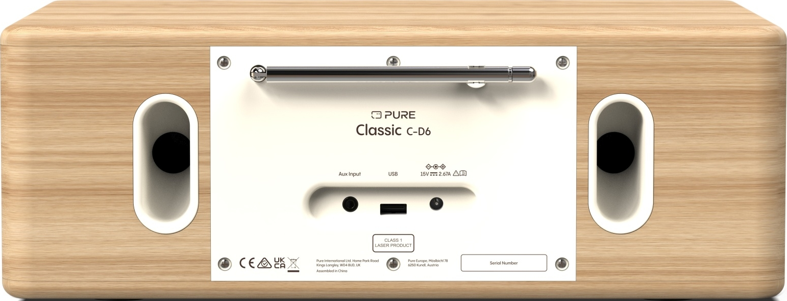 Vue arrière d'un haut-parleur audio PURE Classic C-D6 en bois avec ports et commandes.
