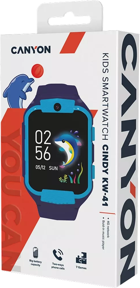 Gyerek okosóra doboza. Rajzolt delfint tartalmaz. A szöveg azt mondja: 'Kids Smartwatch Cindy KW-41'.