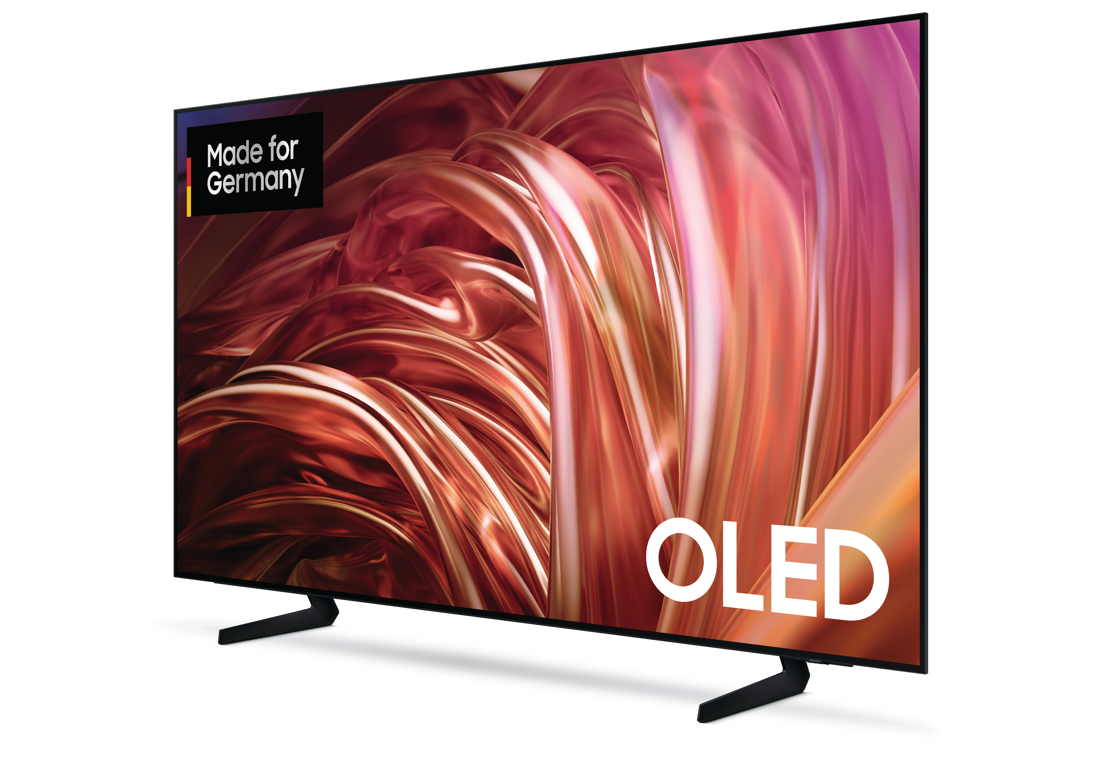 Ein großer OLED-Fernseher mit schwarzem Rahmen und Ständern. Der Bildschirm zeigt ein farbenfrohes Bild.