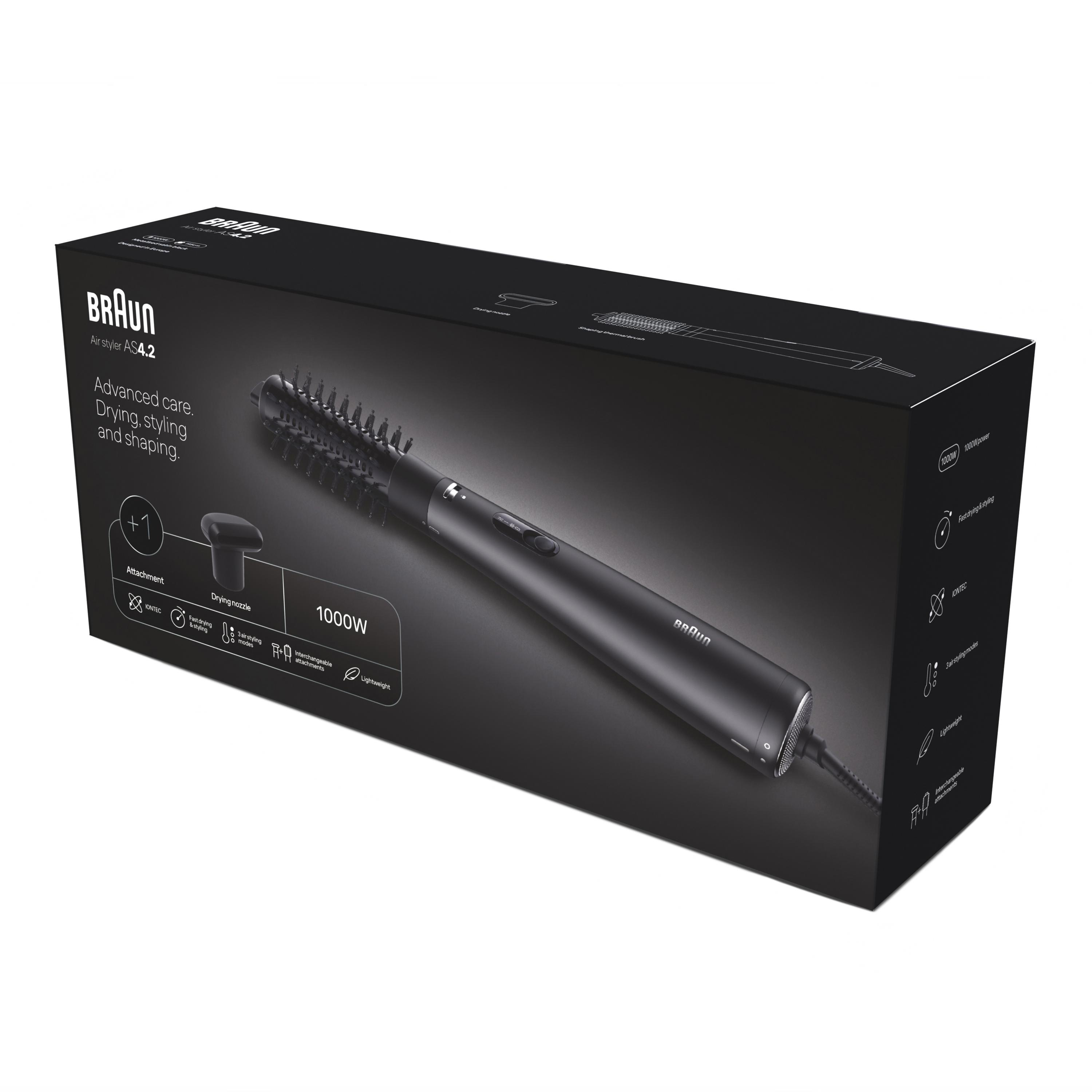 Braun Air Styler AS4.2 Box. Die Box ist schwarz, mit einem Styler und Aufsätzen. Text beinhaltet erweiterte Pflege.