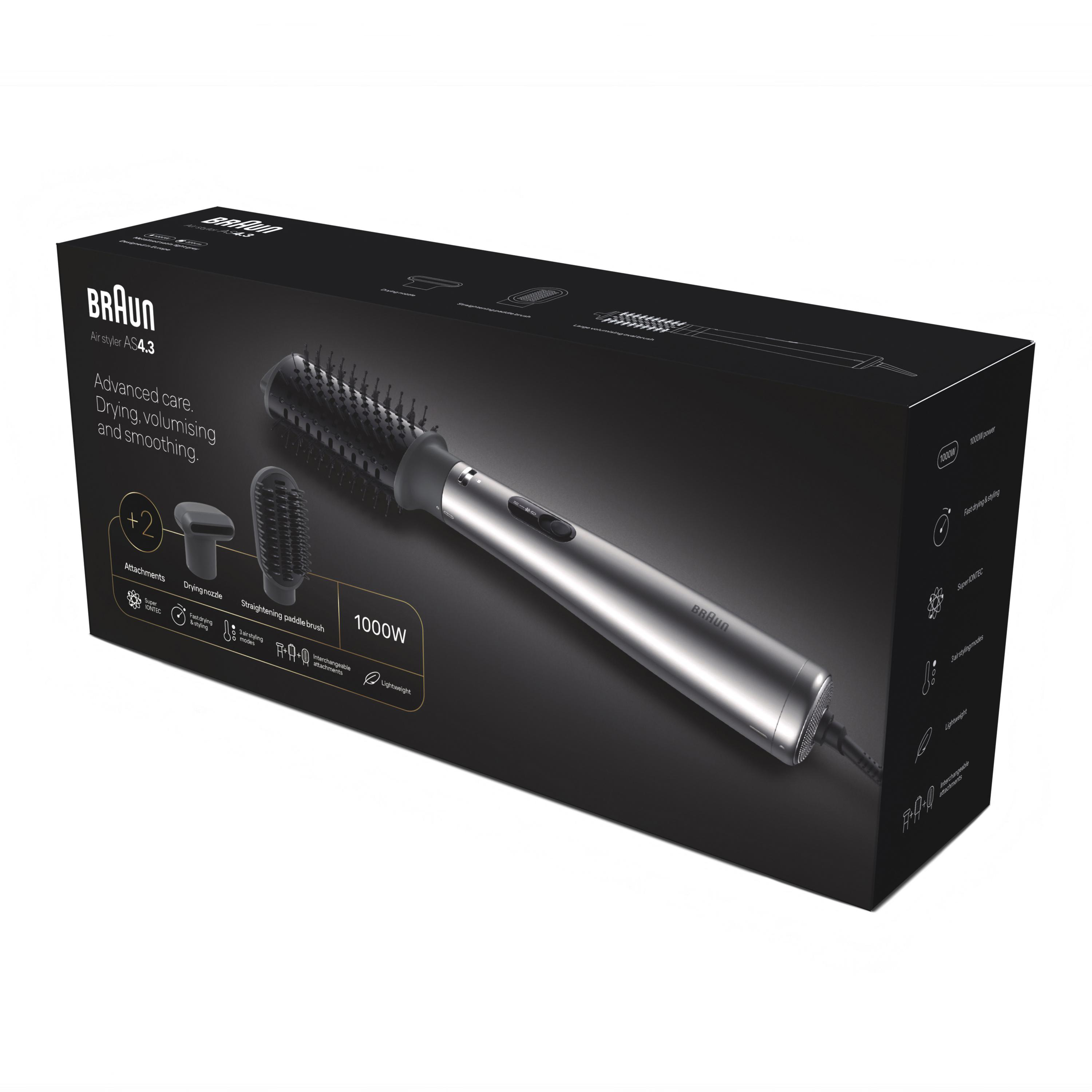 Braun Haarglätter-Box mit Aufsätzen, Funktionen beschriftet, 1000W-Anzeige.