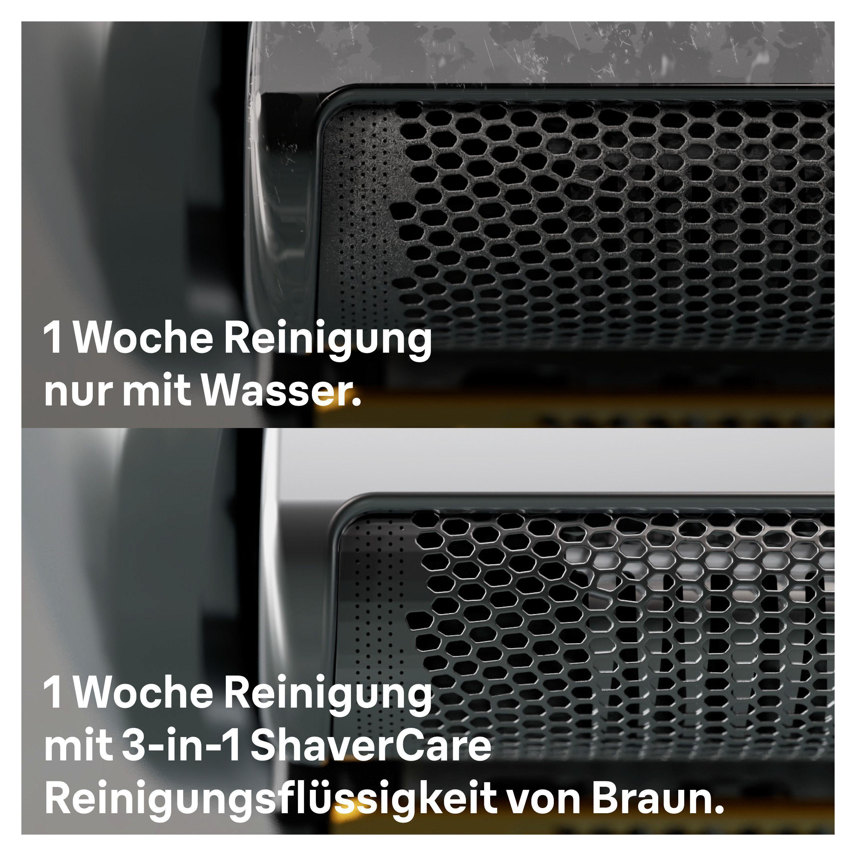 Nahaufnahme: Zwei Teile eines Rasierers, Text auf Deutsch.