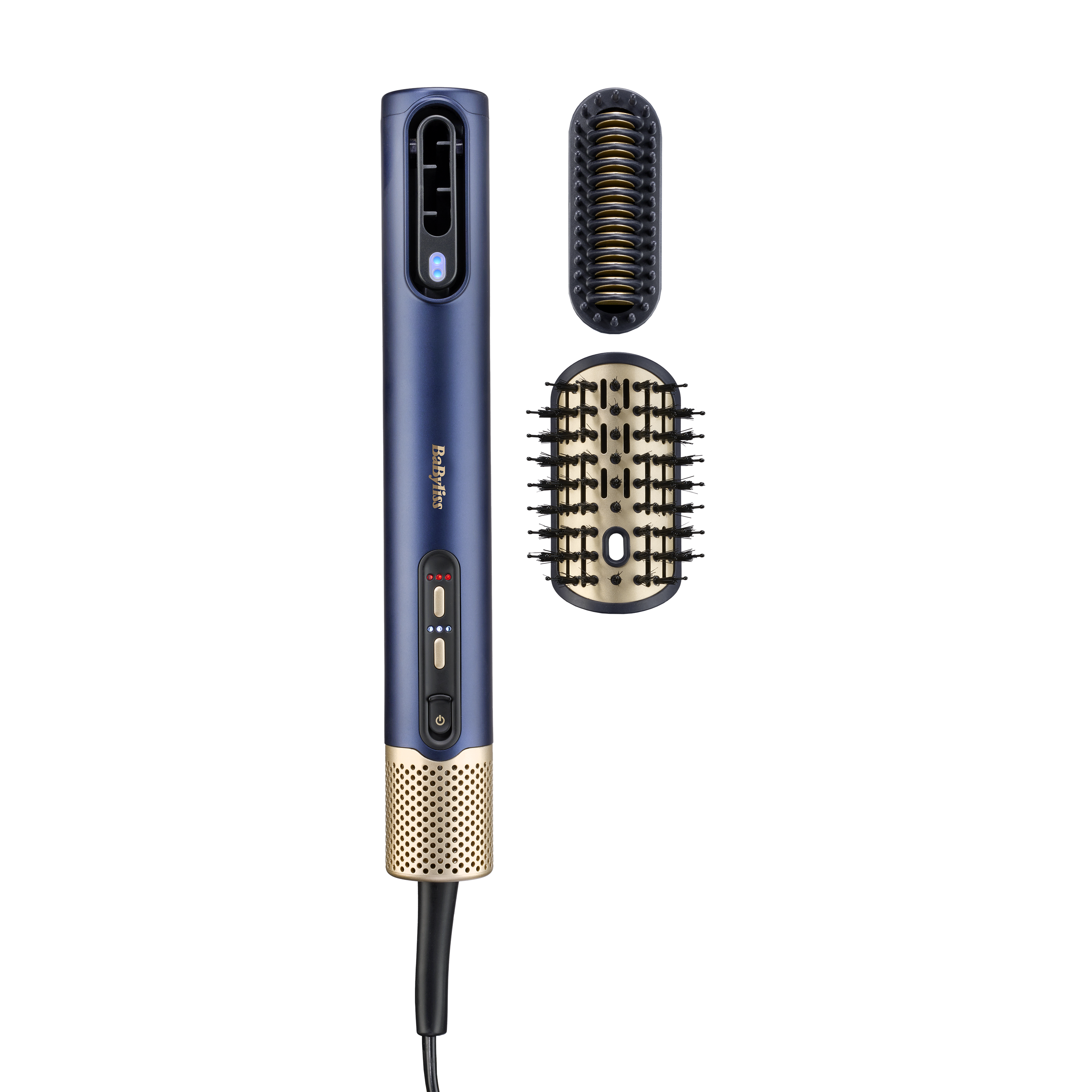 Blau-goldener Haarstyler mit Aufsätzen und Netzkabel.