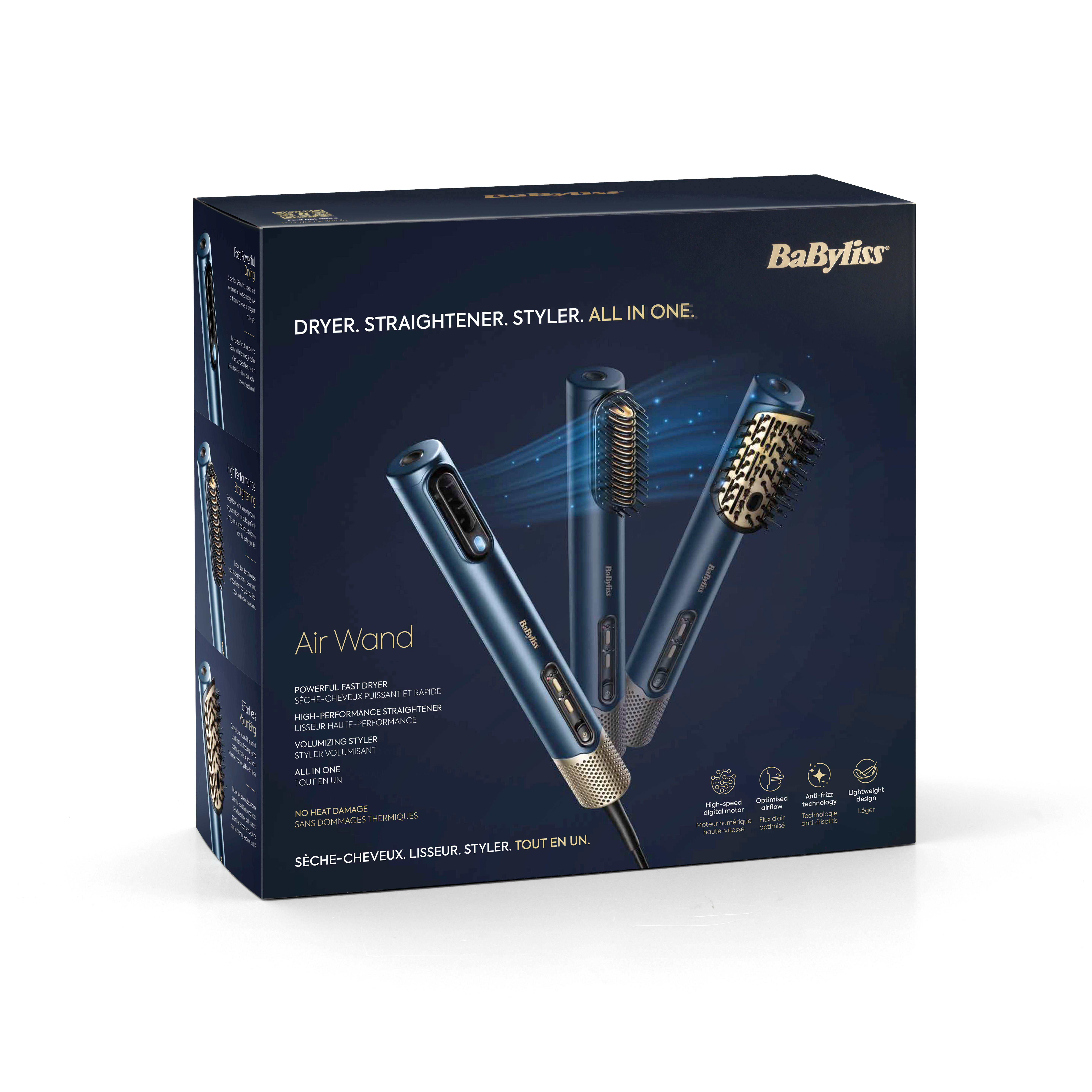 Eine Box mit Haarstyling-Tools: Trockner, Glätteisen und Styler, mit dem Markennamen BaByliss.