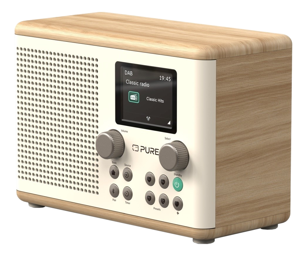 Holzradio. Es hat einen Bildschirm mit "Classic Radio" und Tasten für Lautstärke, Quelle und Voreinstellungen.