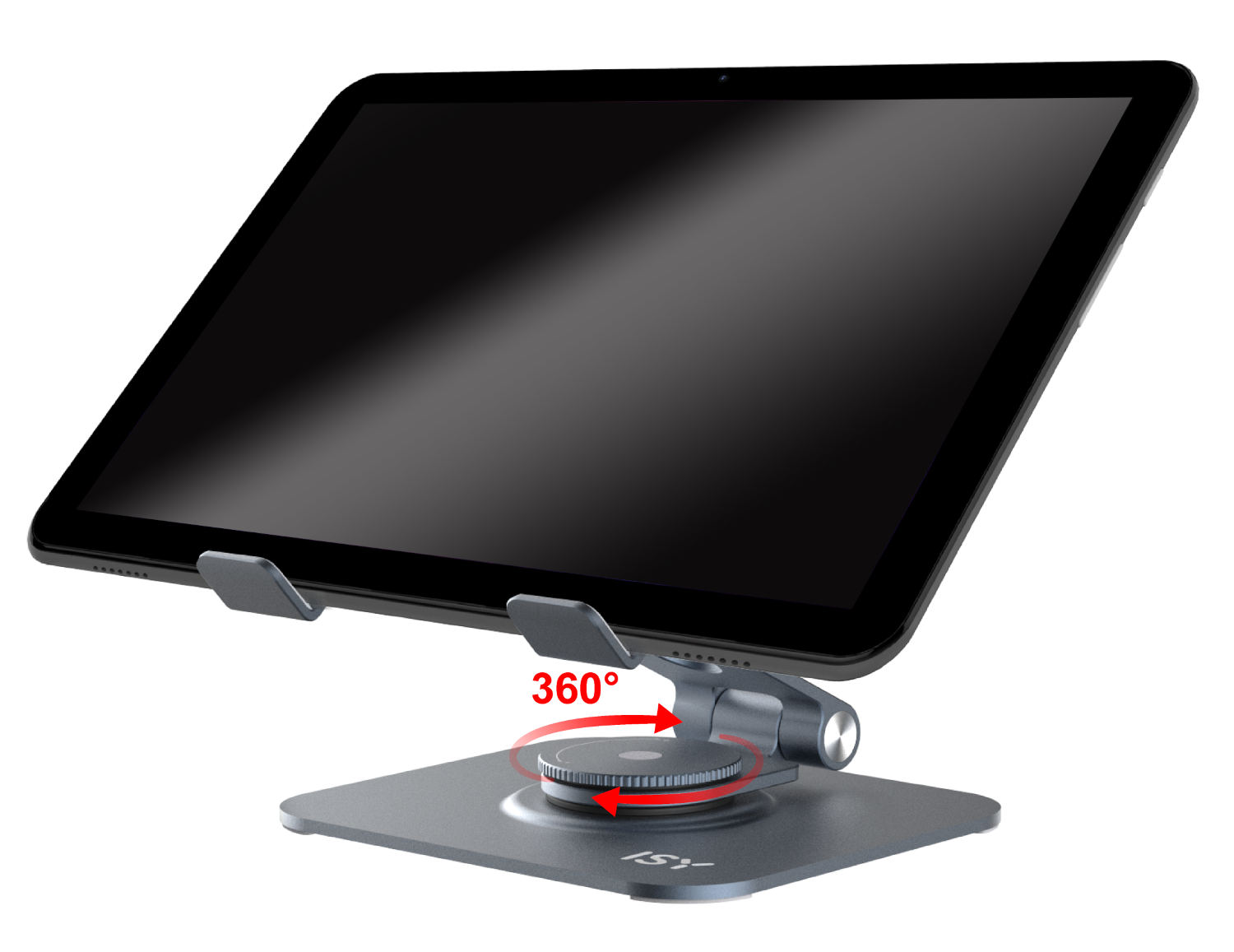 Tablet forgó állványon, 360 fokos forgást jelző nyilakkal.