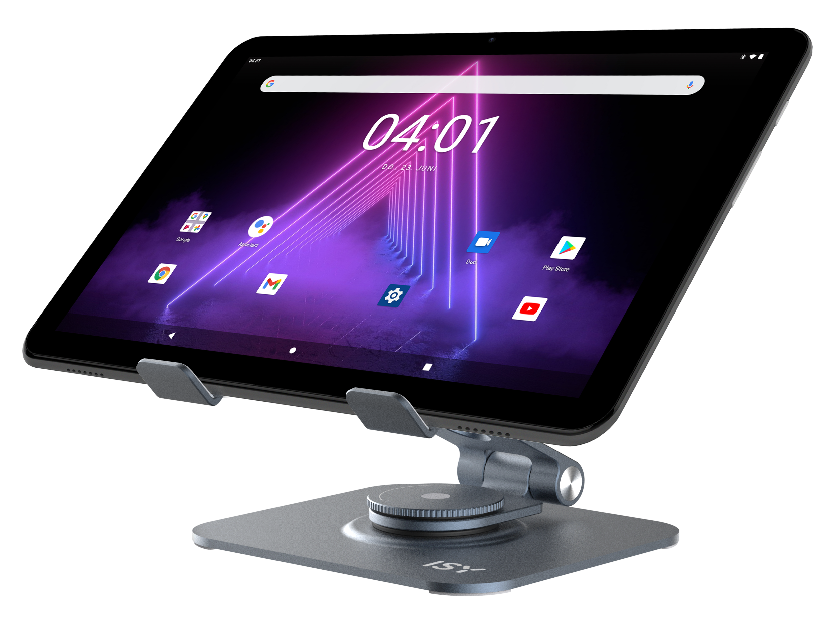 Tablet állványon, lila világítással.