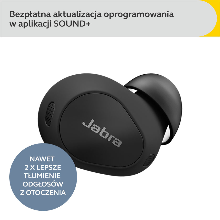 Czarny słuchawka Jabra, tekst i okrąg na białym tle. Polski tekst.