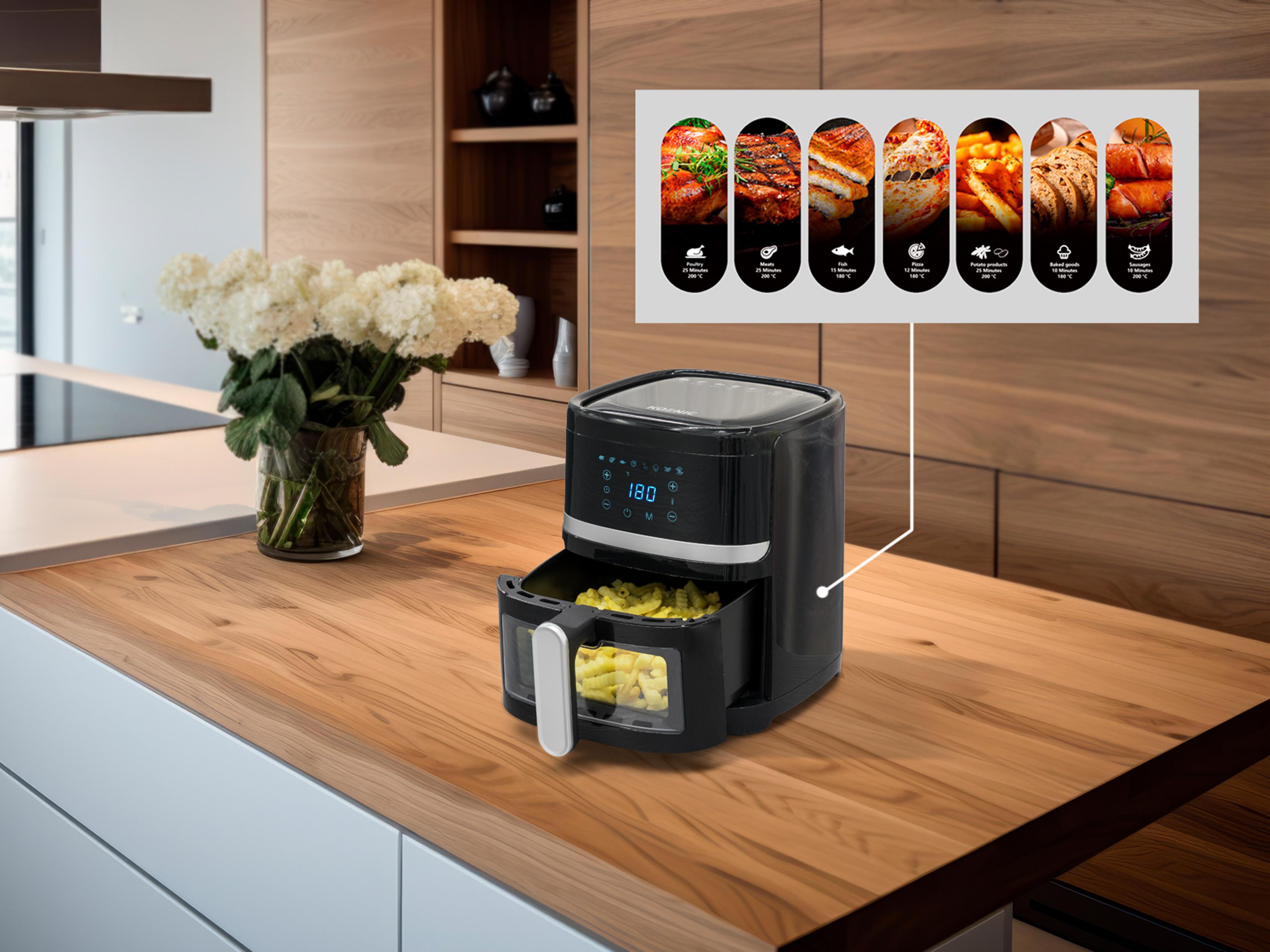 Schwarze Heißluftfritteuse mit Display, Essen und Kochoptionen.