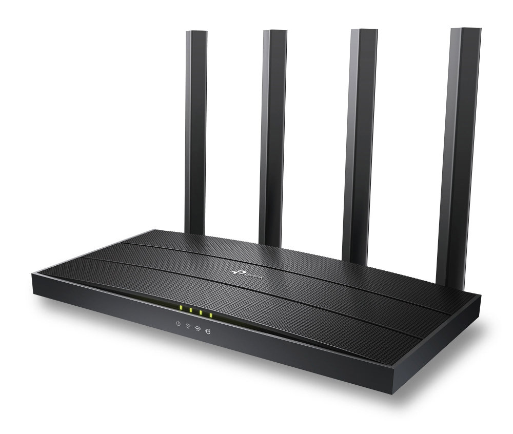 Czarny router z czterema antenami. Router jest na białym tle. Są zielone światła.