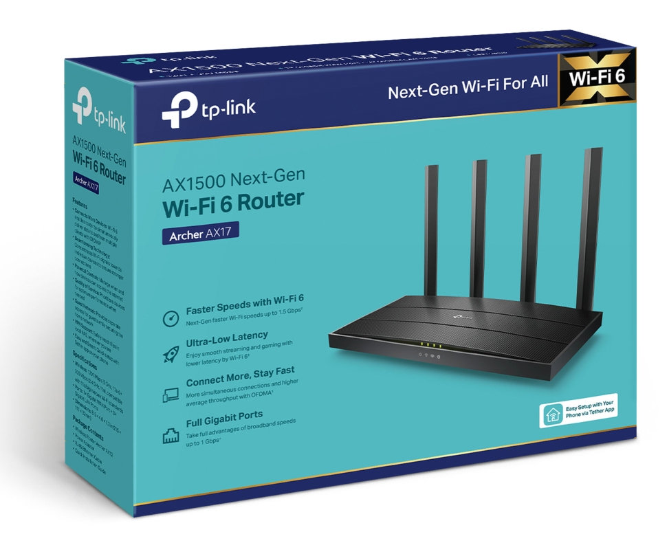 Pudełko routera TP-Link Wi-Fi 6, z funkcjami i widocznym routerem.