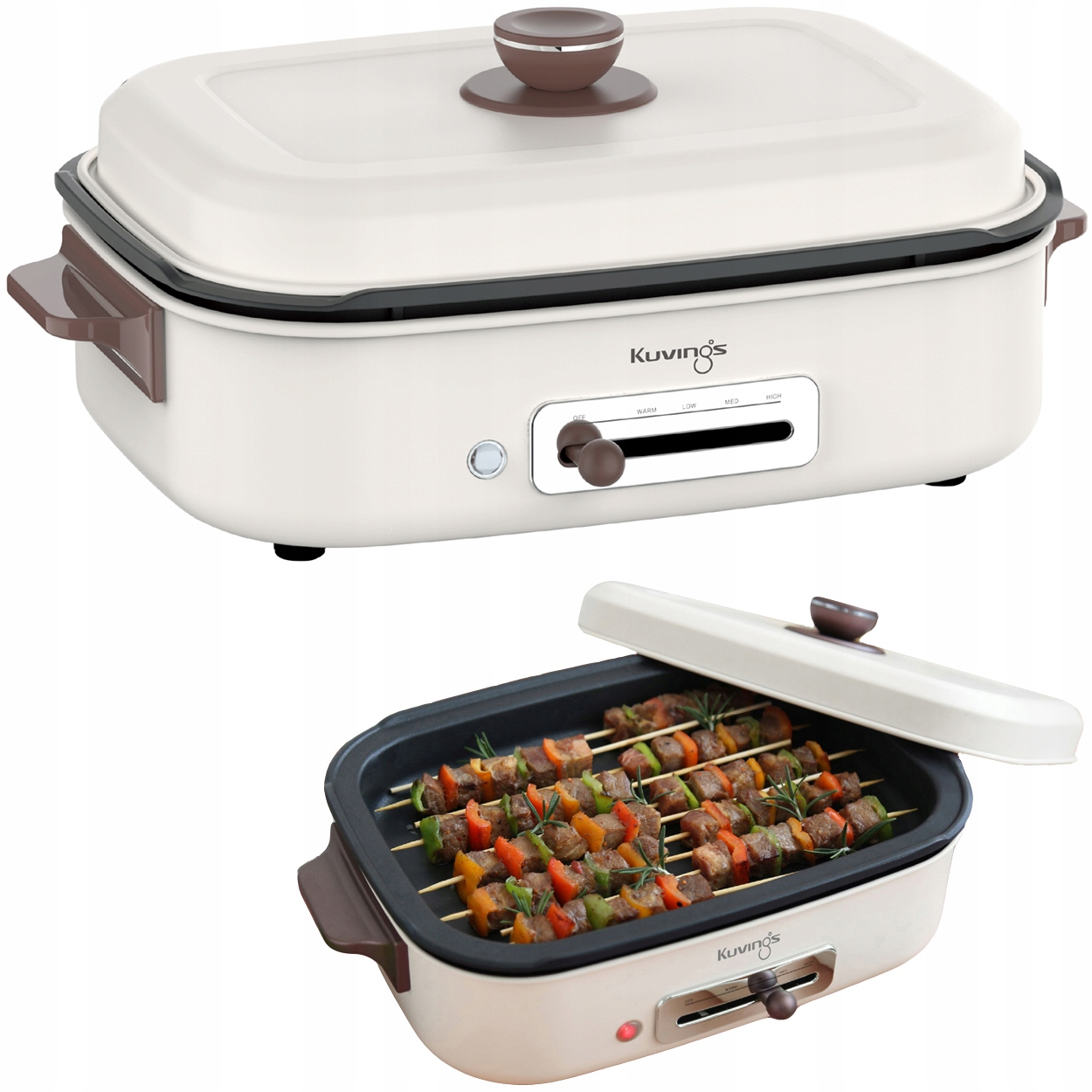 Kremowy multicooker z pokrywką i brązowymi uchwytami, zawierający jedzenie.