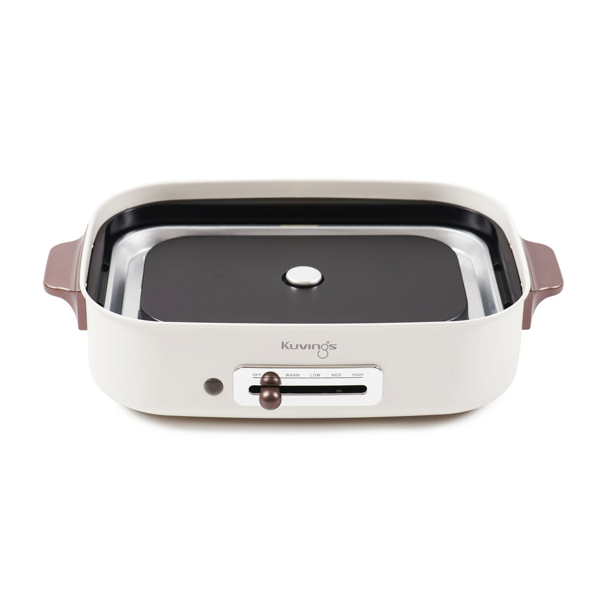 Biało-czarna płyta grzewcza Kuvings z brązowym pokrętłem i uchwytami.