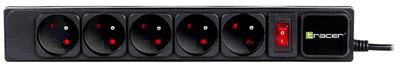 Czarny przedłużacz z sześcioma gniazdami. Przełącznik jest czerwony.