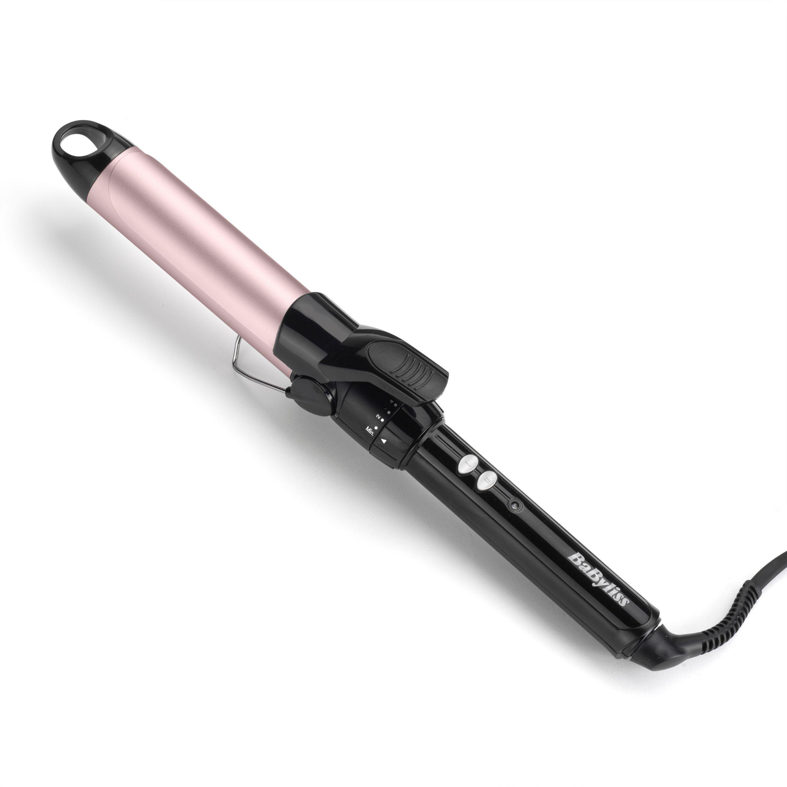 Ein rosa-schwarzer Lockenstab auf weißem Hintergrund. Die Marke ist Babyliss.