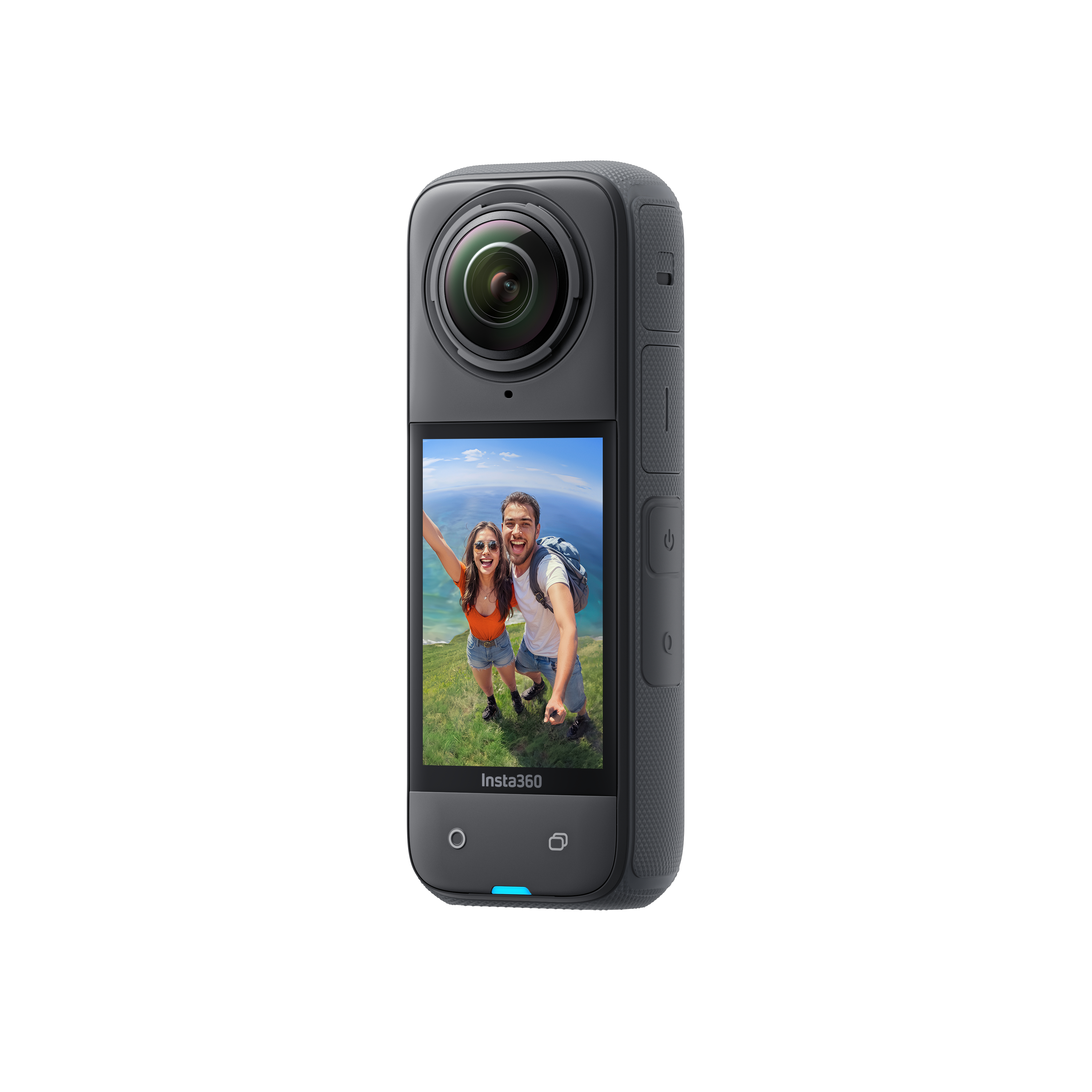 Schwarz-graue Insta360-Kamera, die ein Foto von zwei Personen zeigt. Mit Power- und Modustasten.