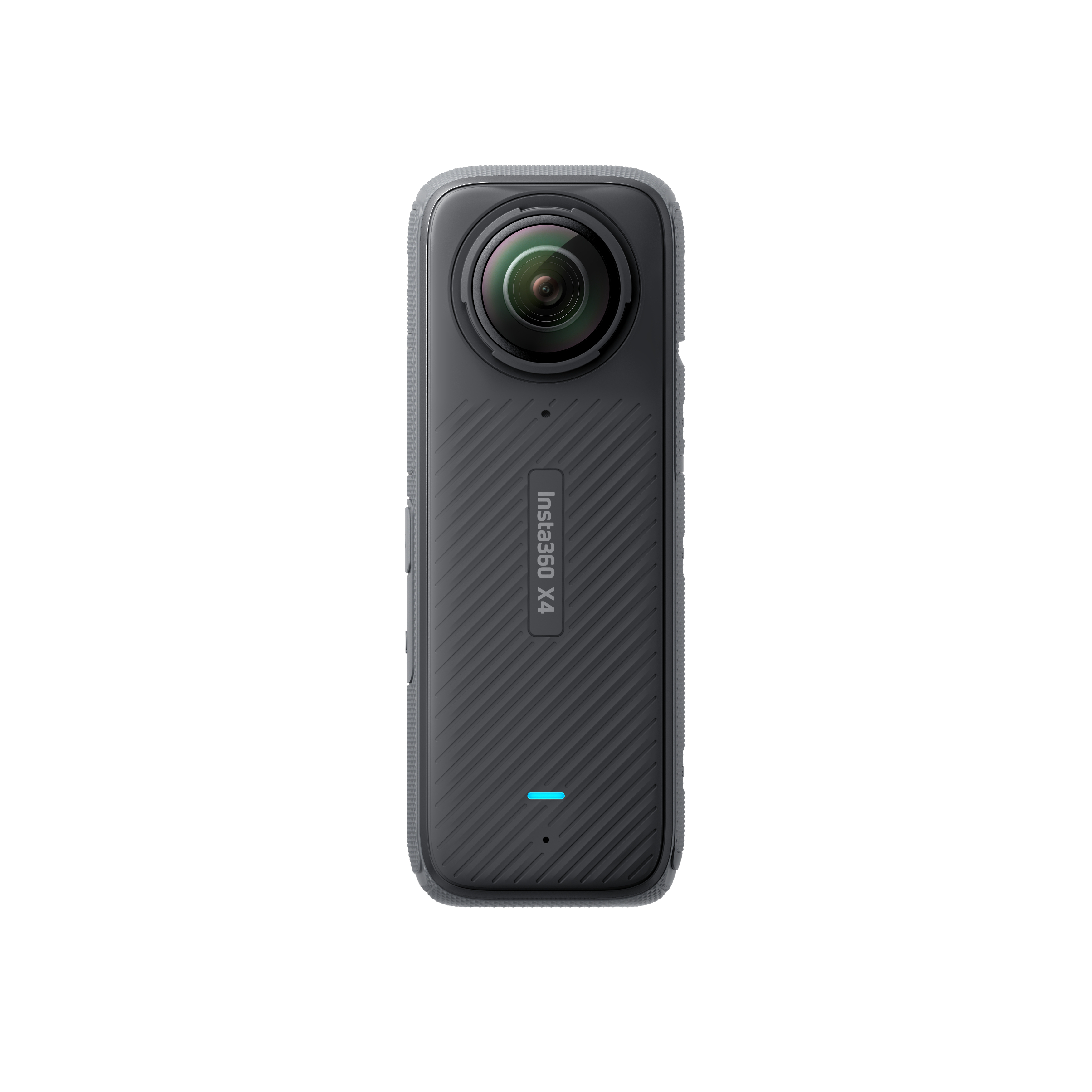 Insta360 X4 Action-Kamera. Dunkelgraue Farbe. Sie hat zwei Objektive und einen Bildschirm.