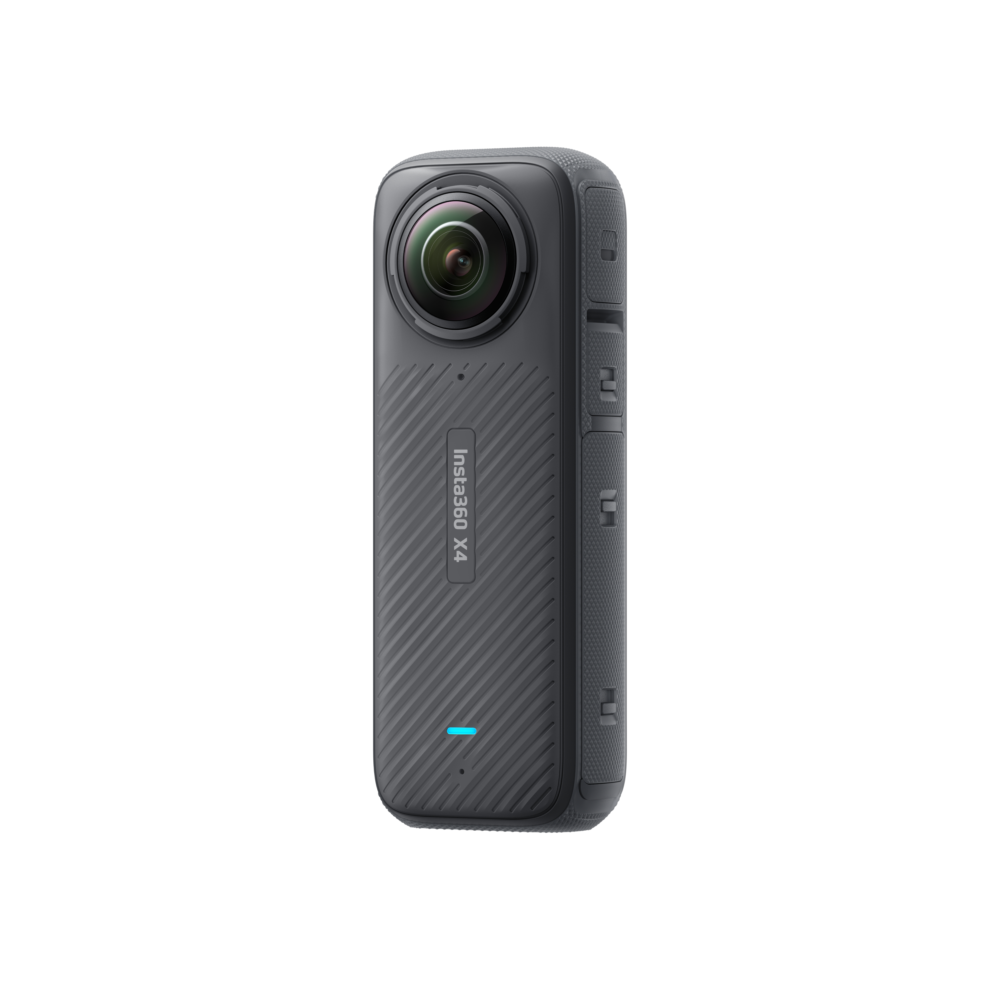 Schwarze Insta360 X4 Kamera mit Objektiv, Knöpfen und blauem Licht, vor weißem Hintergrund.