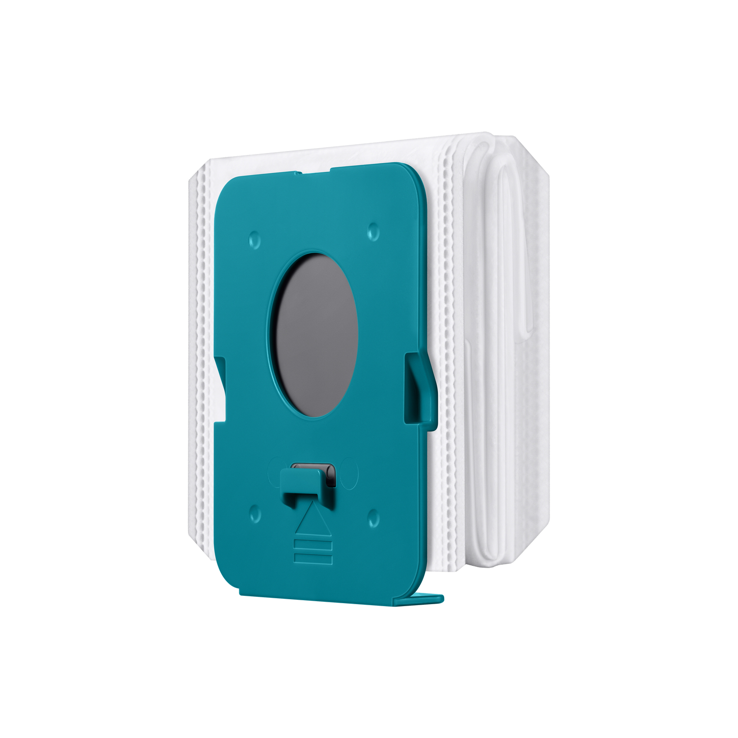 A vacuum cleaner bag, turquoise in color, with a black oval entry point. The bag is white and pleated.