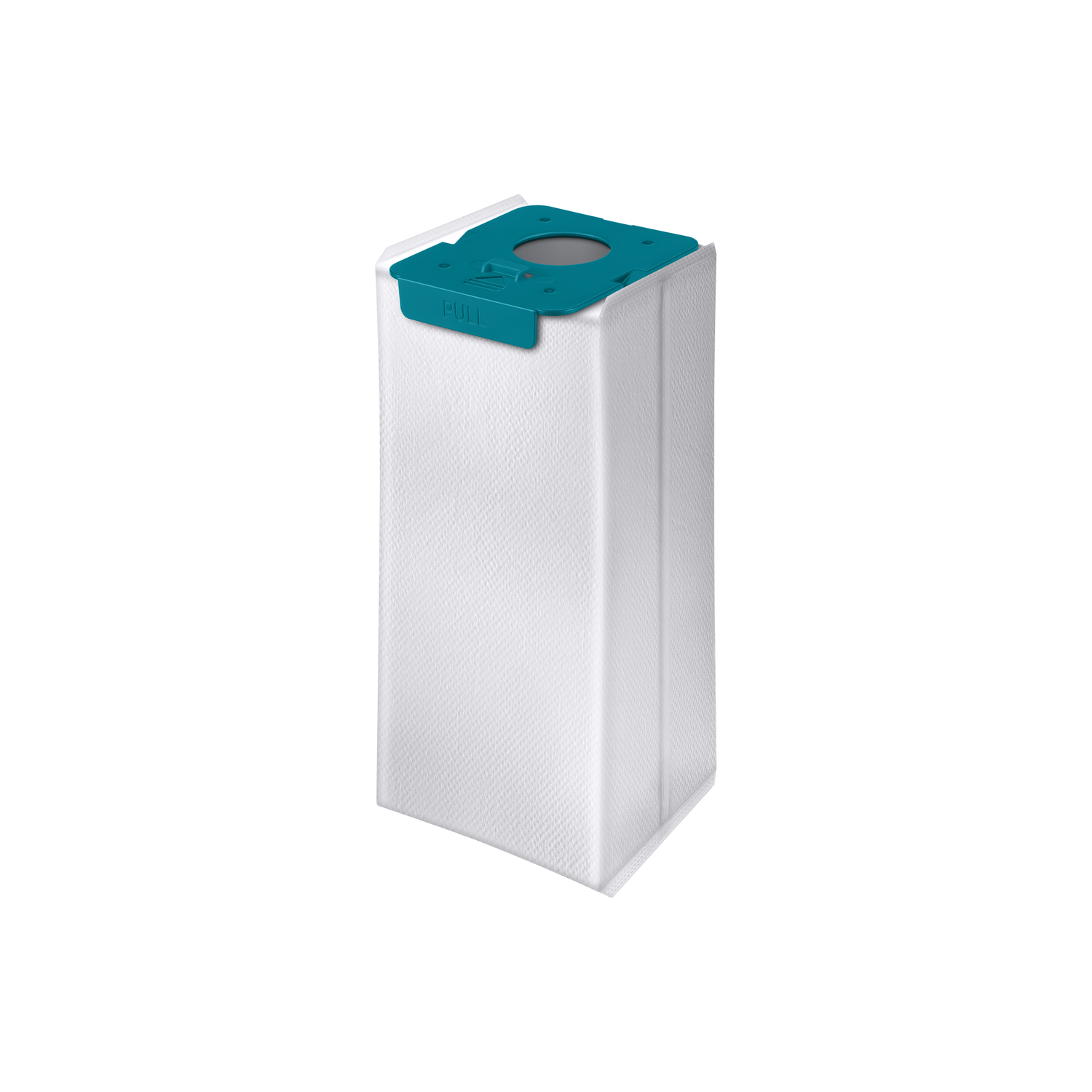 White vacuum cleaner bag with a blue top, on a white background.