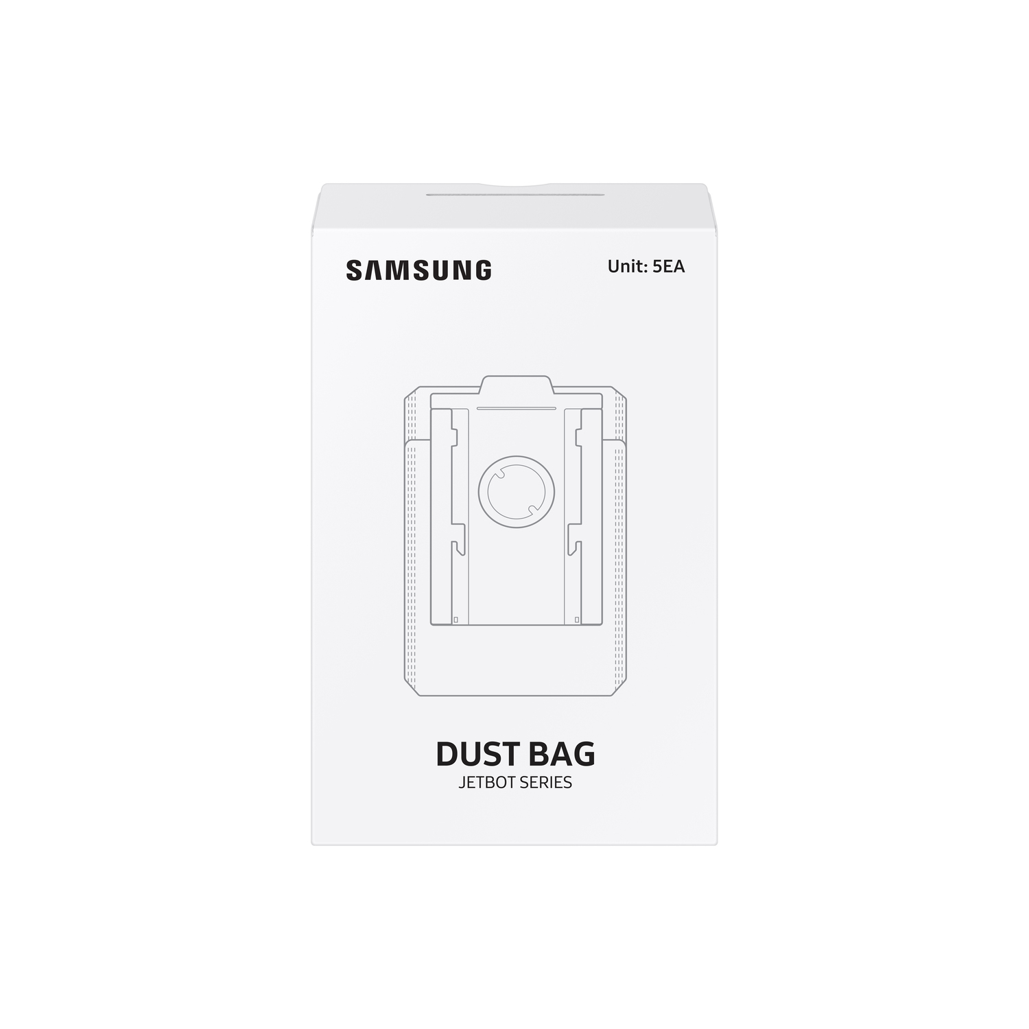 A white Samsung dust bag box. The box is labeled 'DUST BAG JETBOT SERIES'.