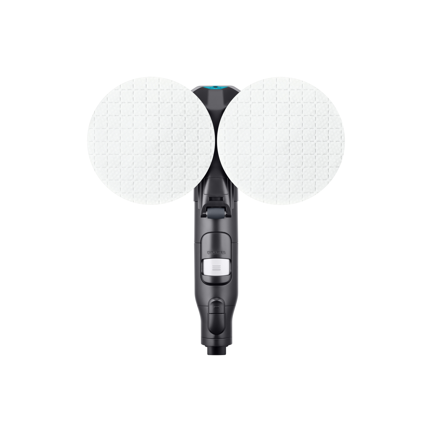 Deux tampons de nettoyage blancs attachés à un appareil de nettoyage noir, sur fond blanc.